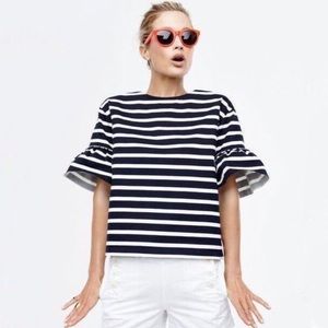 J. Crew Striped Navy and White Ruffle Sleeve Tee Shirt Top Nautical Classic